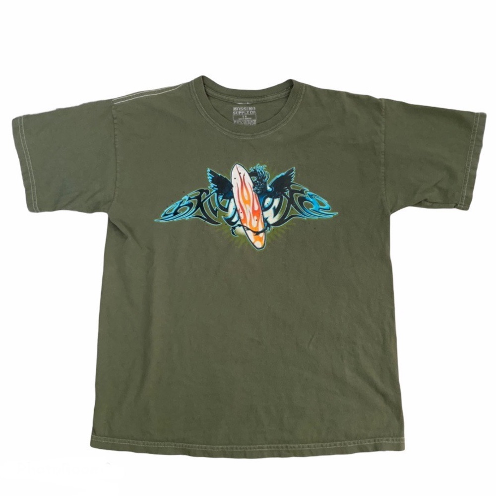 olive green surfboard dragon graphic baby tee